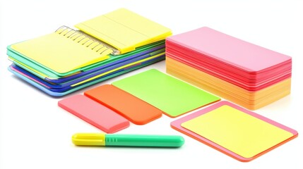 A collection of flashcards, a notebook, and a highlighter on a white isolated background