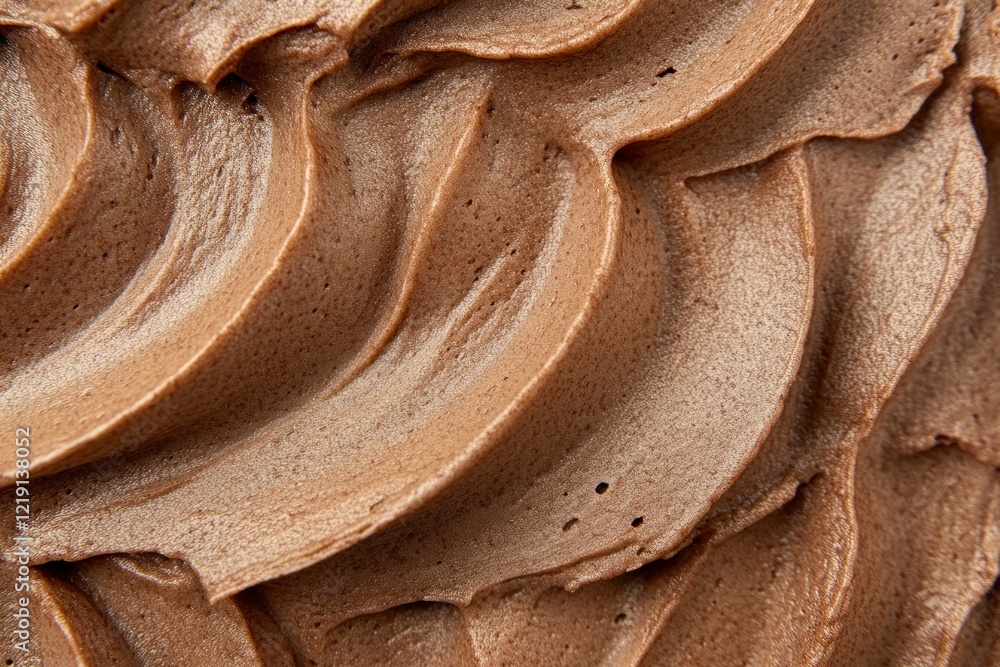 Poster top view. close-up of a smooth, glossy chocolate frosting texture with visible swirls and a sheen.