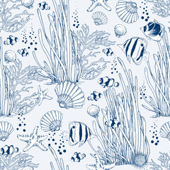 Seamless pattern with underwater creatures, seaweeds, fish and shells. Hand drawn vector illustration on blue background.