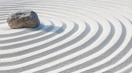 Serene Zen Garden with Rock Surrounded by Carefully Raked Sand in Wave Patterns for Tranquil Meditation Spaces