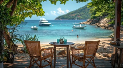 Tropical beach cafe, ocean view, yacht, relaxation
