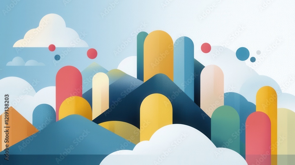 Poster abstract landscape with tech-inspired shapes and dots in soft color palette