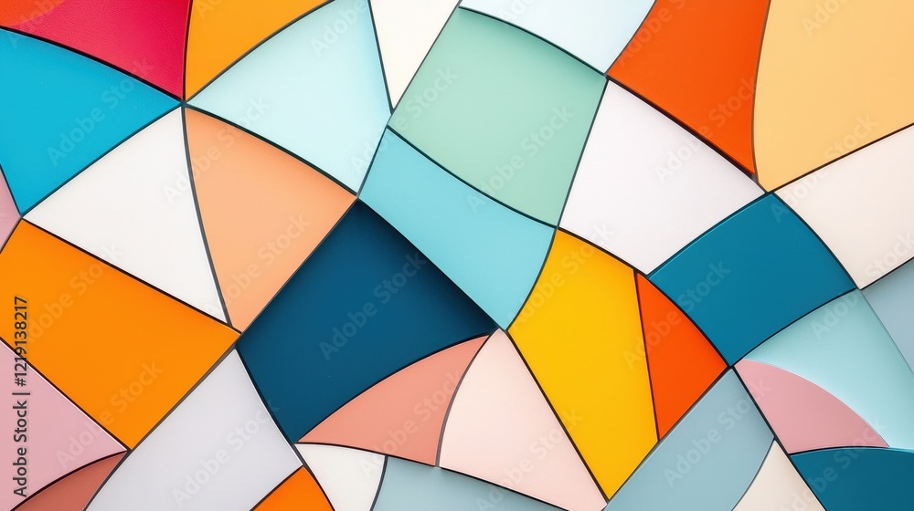 Poster colorful abstract mosaic of geometric shapes and soft curves creating a vibrant pattern in vivid hue