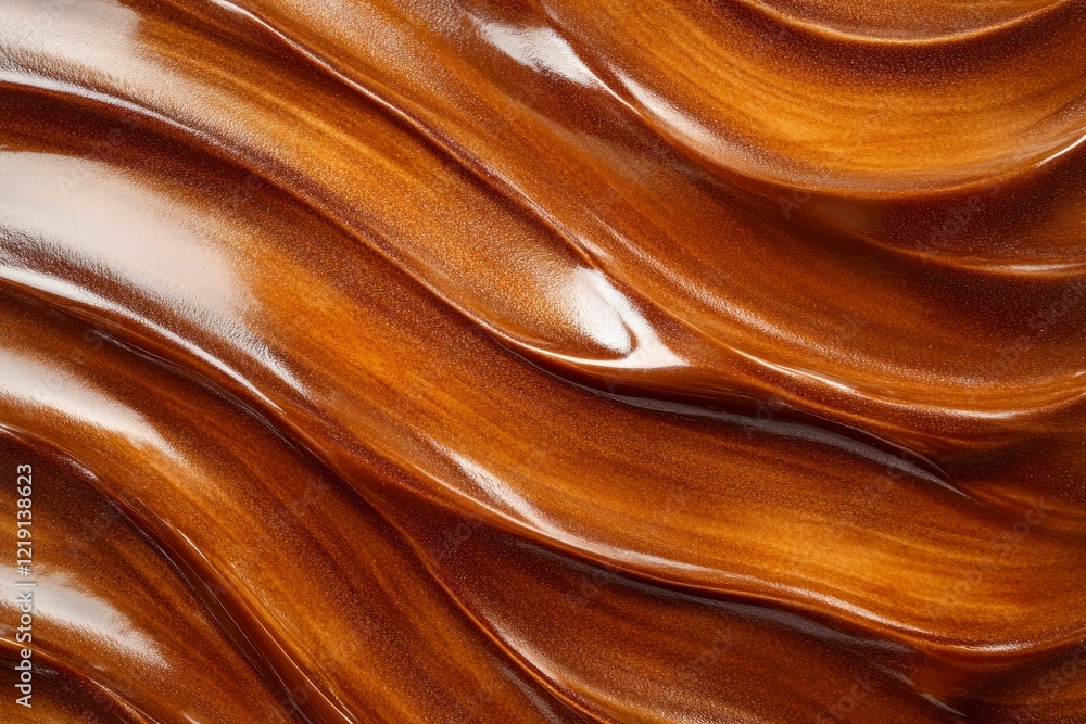 Poster top view. close-up of a smooth, glossy chocolate frosting texture with visible swirls and a sheen.