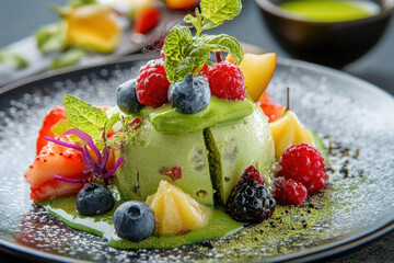 Delightful matcha panna cotta with vibrant fruits and fresh mint garnish.