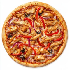 A gourmet BBQ chicken pizza with bell peppers and onions, isolated white background, hyperrealism art style
