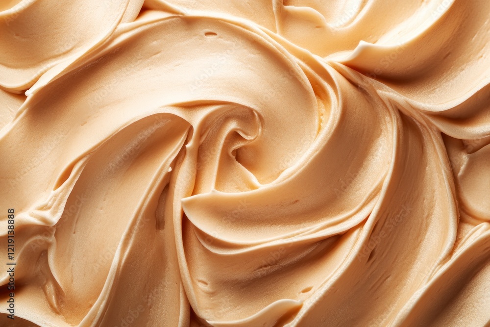Poster top view. close-up of a smooth, glossy chocolate frosting texture with visible swirls and a sheen.