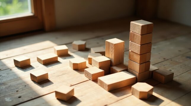 Wooden blocks scattered on a sunlit wooden surface forming abstract shapes and structures