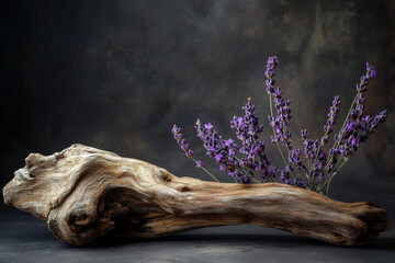 Fototapeta premium Driftwood with lavender branch on dark background. beautiful composition