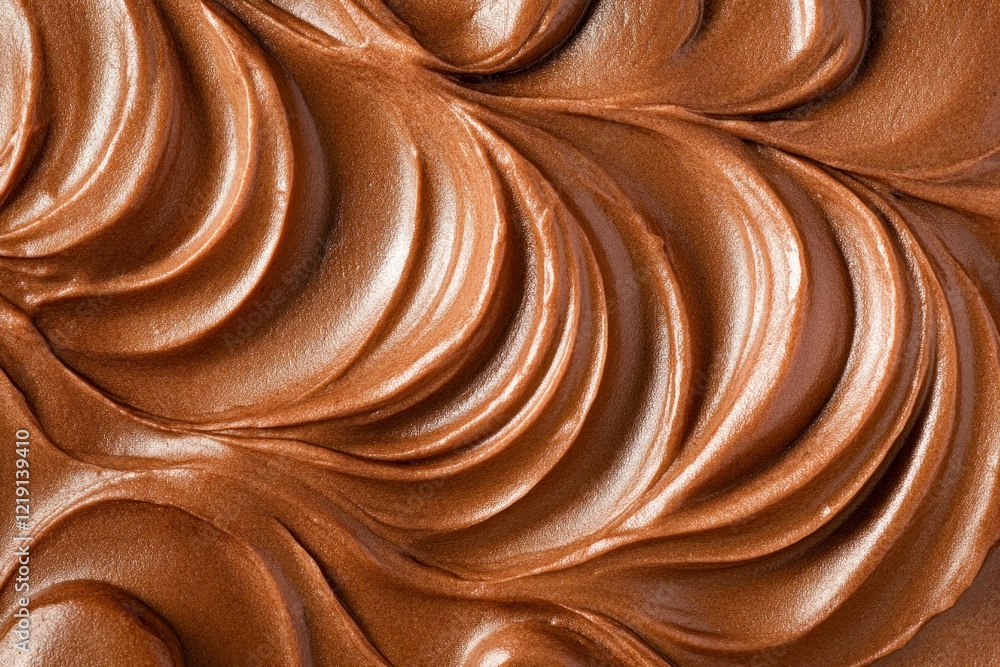 Poster top view. close-up of a smooth, glossy chocolate frosting texture with visible swirls and a sheen.