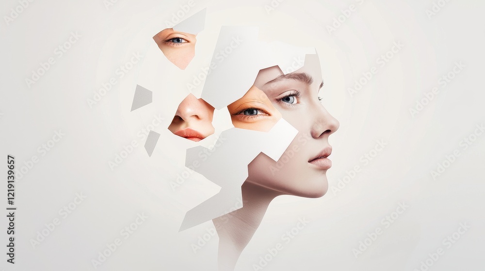 Poster abstract representation of a girl with a fragmented face illustrating inner emotions and identity pe