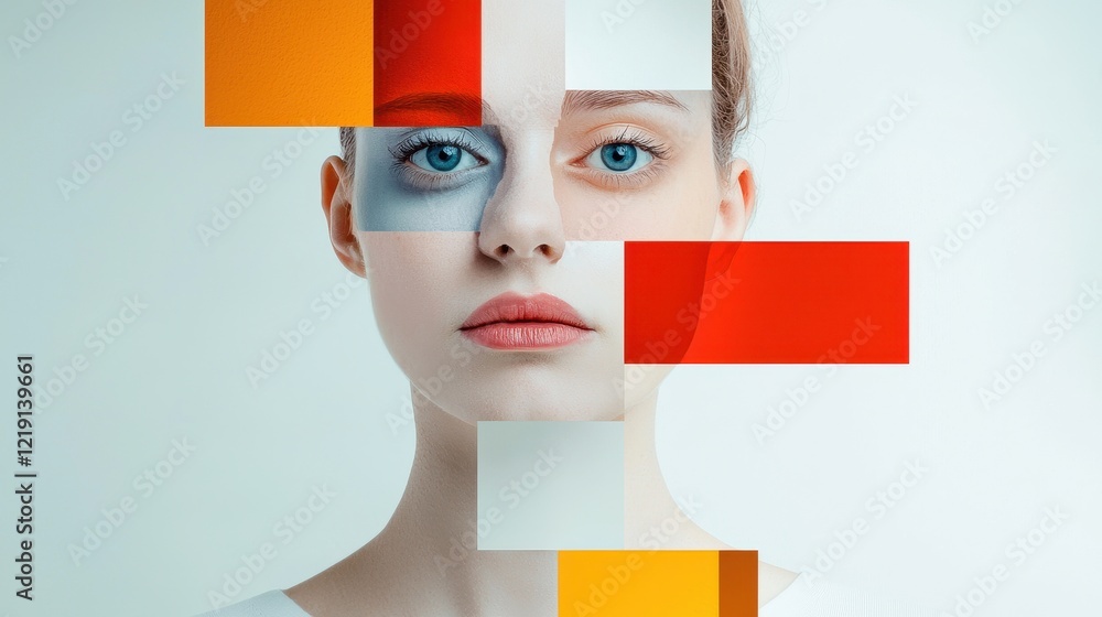 Poster abstract representation of a girl with a fragmented face through colorful geometric shapes and textu