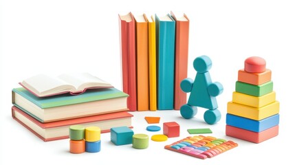 A set of educational toys including blocks, puzzles, and books for young learners on a white isolated background