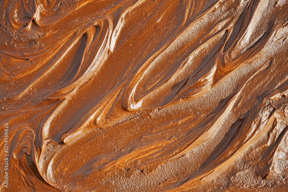 Poster top view. close-up of a smooth, glossy chocolate frosting texture with visible swirls and a sheen.