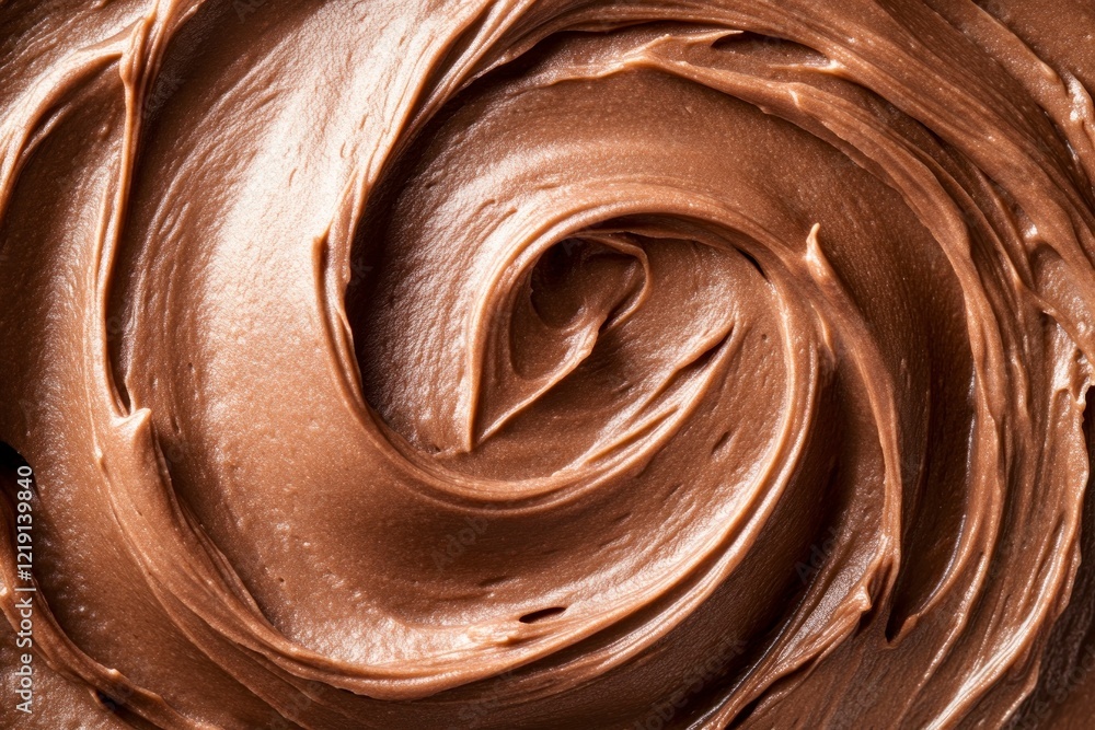 Poster top view. close-up of a smooth, glossy chocolate frosting texture with visible swirls and a sheen.