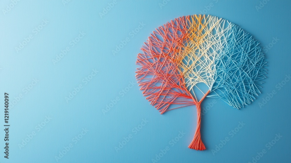 Poster colorful abstract tree representation of knowledge woven from vibrant strings on a light blue backgr