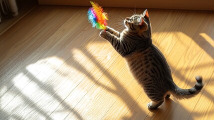 Playful tabby cat reaching for colorful feather toy on wooden floor