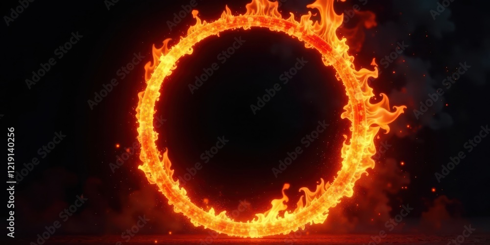 Poster Fiery Ring of Inferno A blazing circular frame of intense fire, perfect for dramatic visuals and design projects needing a powerful symbol of energy and passion.