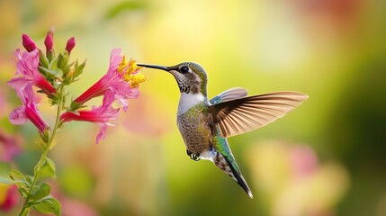 Obraz premium A vibrant hummingbird hovers gracefully near a colorful flower, showcasing its iridescent feathers against a soft blurred background, capturing the essence of nature's beauty.