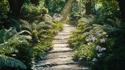 Enchanting Woodland Path with Soft Sunlight Dappled through Leaves and Lush Greenery