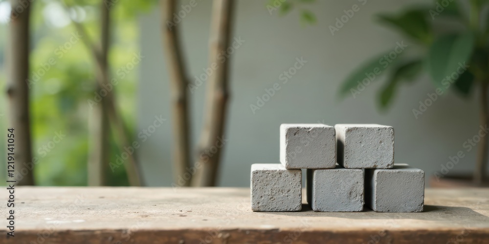 Aufkleber serene stack of concrete cubes on rustic wooden surface with blurred greenery background