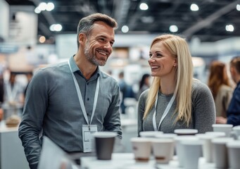 A professional exchange between a man and woman at a business event highlights the collaborative energy of the trade show.