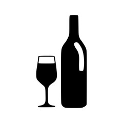a black and white illustration of a bottle and glass wine