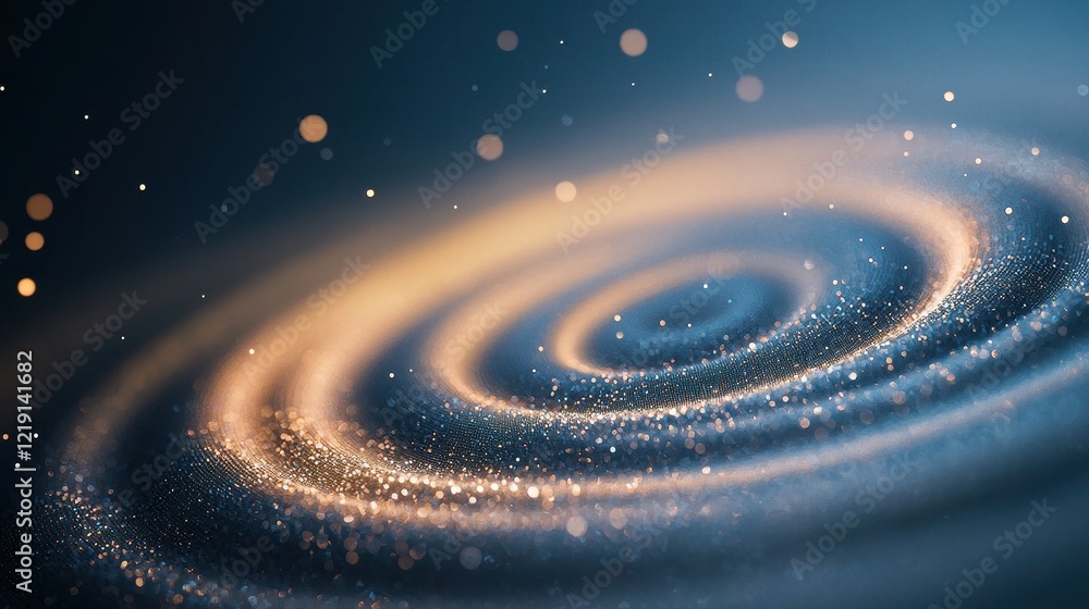 Poster abstract circular patterns with converging lines creating a focal point in soft blue and gold tones