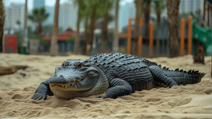 Fototapeta premium A dark-colored alligator resting on a sandy area near a park