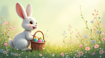 Cute white rabbit sitting near basket with colorful Easter eggs on flower meadow, illustration