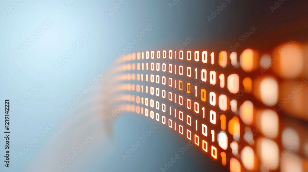 Poster flowing digital binary code into an abstract landscape of light and color