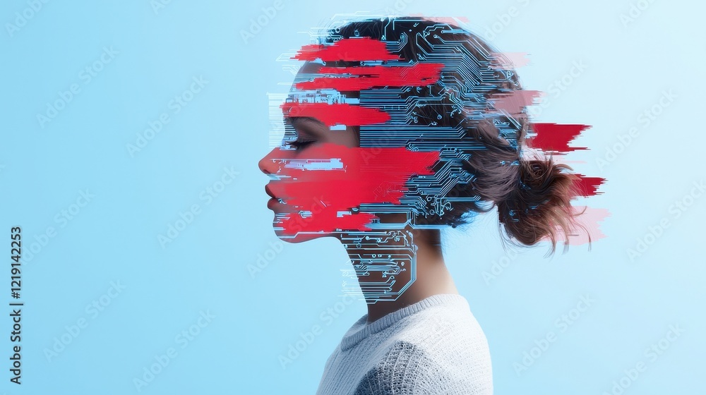 Poster digital representation of a girl's profile merging with circuitry elements and abstract details for 
