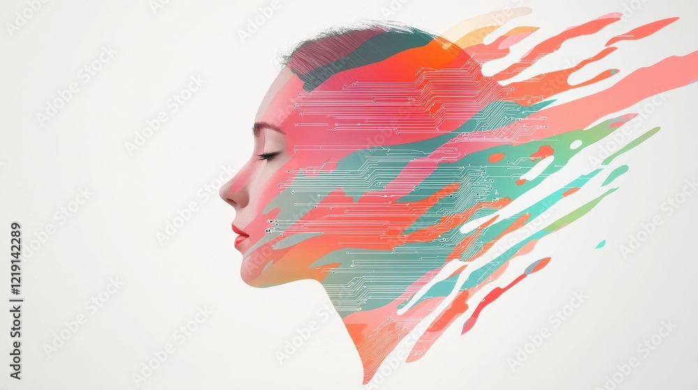 Poster digital art representation of a girl with circuit patterns and colorful abstract elements merging in