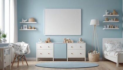 Photo frame mockup for a childrens room,mock up poster frame in baby boy room, scandinavian style interior background, 3D render, 3D illustration,864