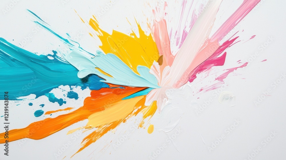 Poster dynamic color explosion with lively brush strokes blending and colliding on white canvas background