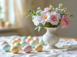 Bright Spring Flowers and Colorful Easter Eggs in Cheerful Arrangement