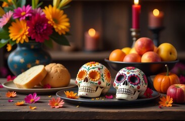Colorful dia de los muertos altar with sugar skulls and flowers