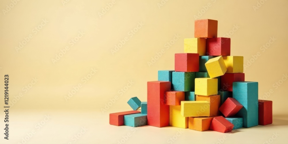 Poster a colorful construction of interlocking wooden blocks forms a playful, unstable pyramid shape agains