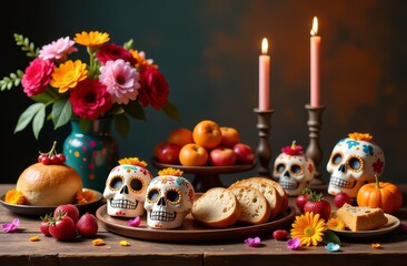 Colorful day of the dead altar with candles, sugar skulls, bread, and flowers