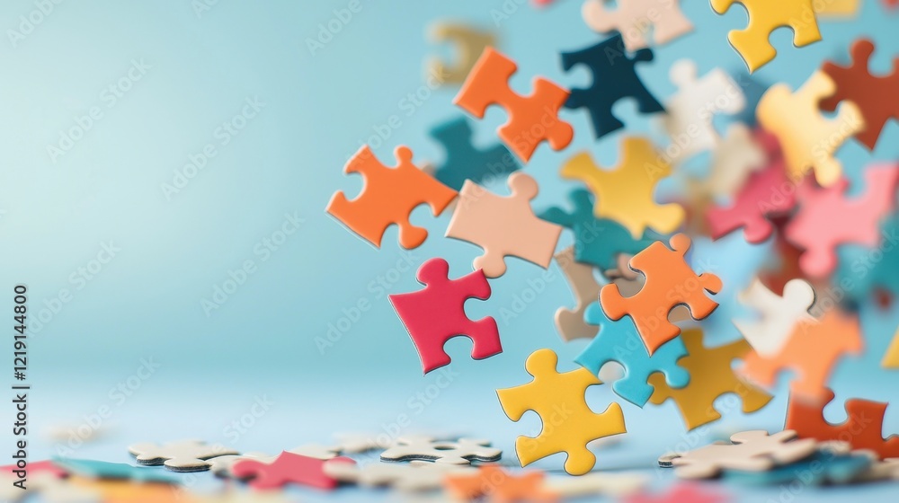 Poster colorful puzzle pieces in motion creating a burst of colorful elements on a soft blue background