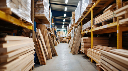 Obraz premium warehouse stocked with various wooden materials under bright lighting