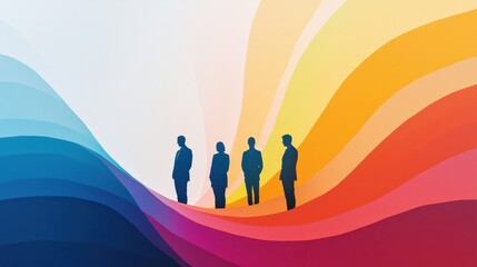 Fototapeta premium Silhouetted Figures in Front of Bright Colorful Swirling Background with Blue, Yellow, and Red Waves