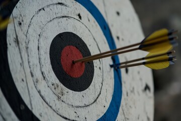 A close-up of a target with arrows embedded in it, showcasing precise aim and focus in archery or shooting practice.