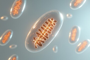 Mitochondria glowing softly in vibrant colors within cellular structures