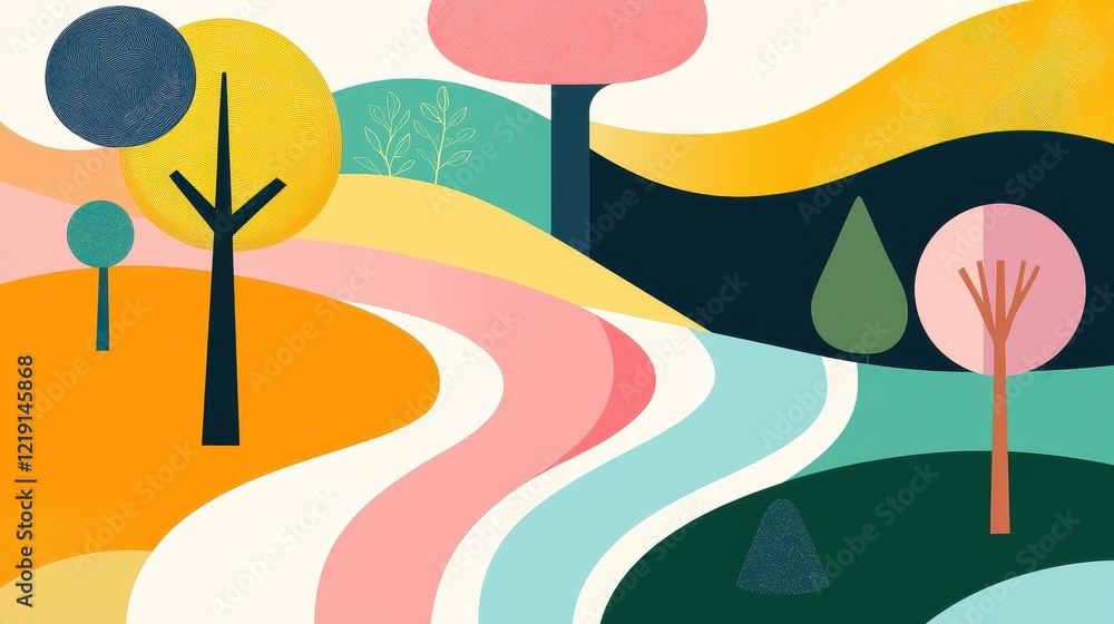 Poster abstract stylized pathways in colorful landscape featuring trees and flowing forms