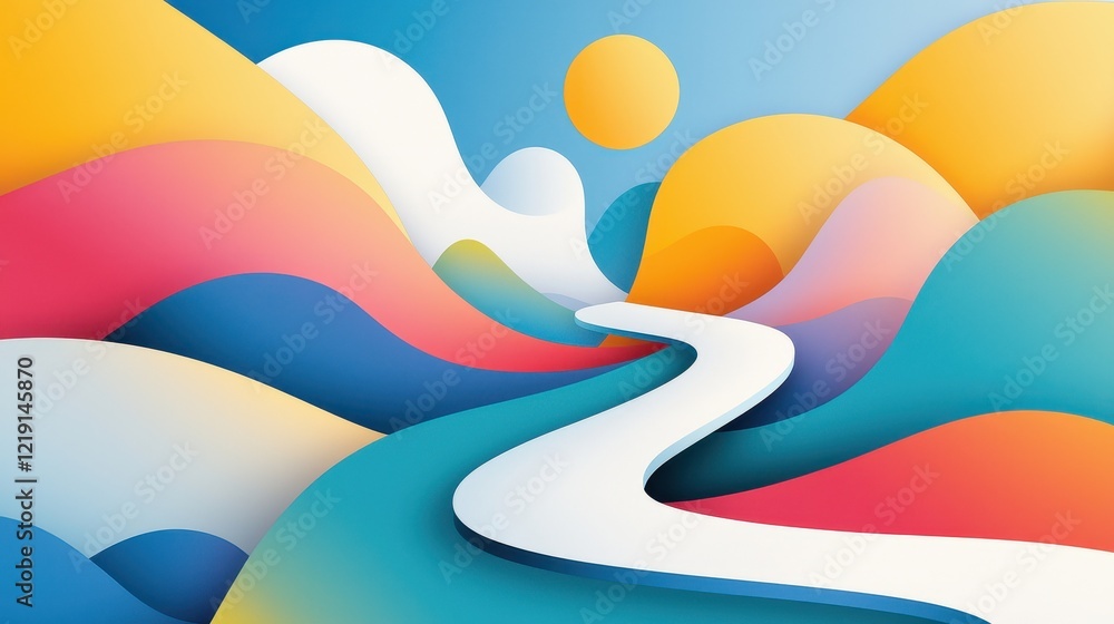 Poster abstract stylized pathways in vibrant colors and curves, evoking depth and movement in a modern desi