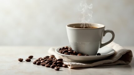 Obraz premium Aromatic coffee in a steaming cup, accompanied by roasted beans, rests on a simple linen cloth