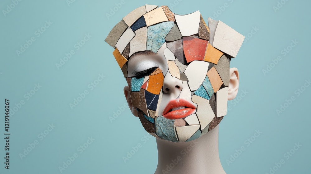 Poster surreal representation of a girl with a mosaic face crafted from vibrant textures and shapes against