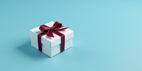 Obraz premium A single, elegantly wrapped present with a maroon ribbon sits on a light blue background, symbolizing a thoughtful gift or special occasion.