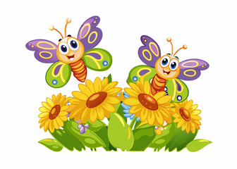 3d colorful butterflies on sunflowers on white background